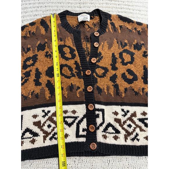 VTG Express Sweater Cardigan 1990s Hand Knit Leopard Womens Med Oversized Brown - Picture 4 of 13
